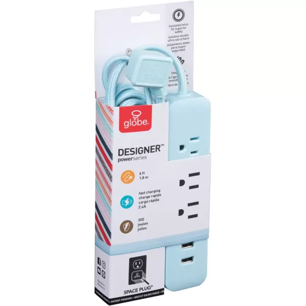 Globe Electric 78252 Designer Series 6ft 3Outlet USB Surge Protector Power Strip 2x USB Ports Surge Protector Gray FinishMint