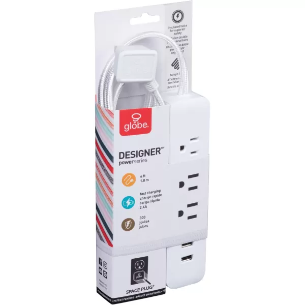 Globe Electric 78252 Designer Series 6ft 3Outlet USB Surge Protector Power Strip 2x USB Ports Surge Protector Gray FinishWhite