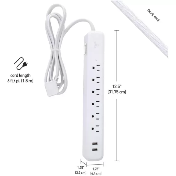 Globe Electric 78252 Designer Series 6ft 3Outlet USB Surge Protector Power Strip 2x USB Ports Surge Protector Gray FinishWhite