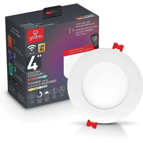 Globe Electric Collection WiFi Smart 4quot Ultra Slim Multicolor Changing RGB Tunable White Recessed Lighting Kit No Hub Required Voice Activated 9W 50068 4 Inches