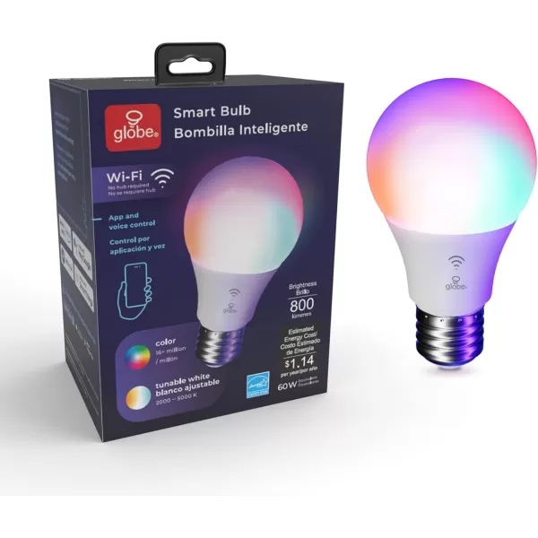 Globe Electric WiFi Smart 10 Watt 60W Equivalent Multicolor Changing RGB Tunable White Frosted LED Light Bulb No Hub Required Voice Activated 2000K  5000K A19 Shape E26 Base34212Color Changing 1pack