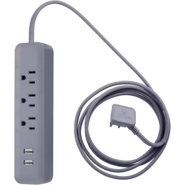 Globe Electric 78252 Designer Series 6ft 3Outlet USB Surge Protector Power Strip 2x USB Ports Surge Protector Gray FinishGray