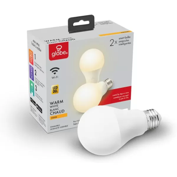 Globe Electric WiFi Smart 10 Watt 60W Equivalent Multicolor Changing RGB Tunable White Frosted LED Light Bulb No Hub Required Voice Activated 2000K  5000K A19 Shape E26 Base34212Warm White