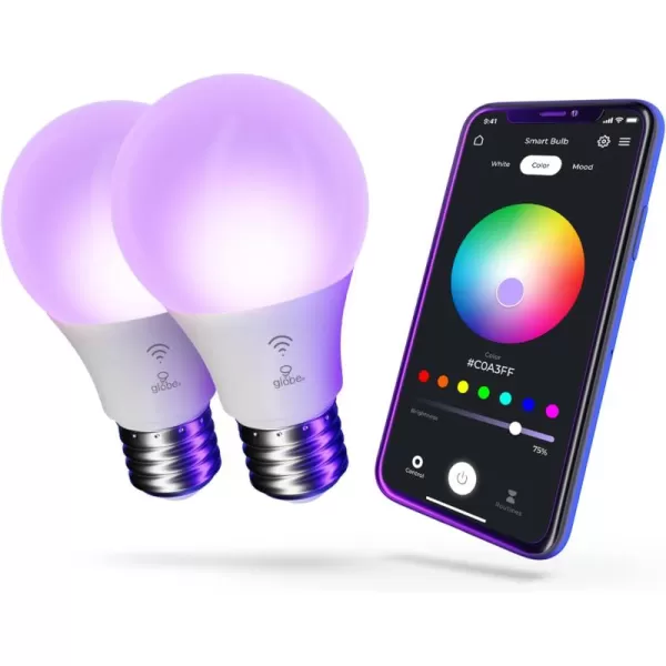 Globe Electric WiFi Smart 10 Watt 60W Equivalent Multicolor Changing RGB Tunable White Frosted LED Light Bulb No Hub Required Voice Activated 2000K  5000K A19 Shape E26 Base34212Color Changing