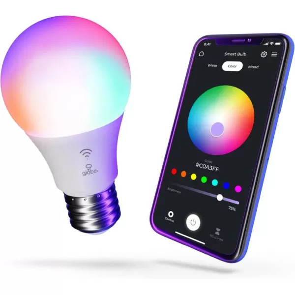 Globe Electric WiFi Smart 10 Watt 60W Equivalent Multicolor Changing RGB Tunable White Frosted LED Light Bulb No Hub Required Voice Activated 2000K  5000K A19 Shape E26 Base34212Color Changing 1pack