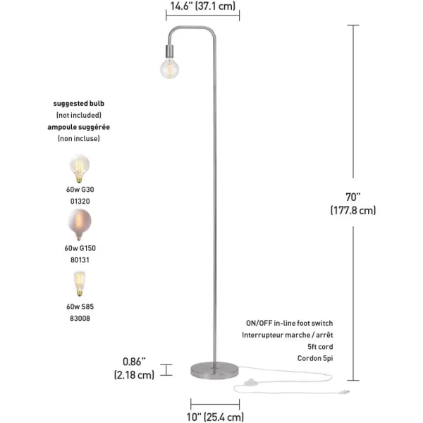 Globe Electric 67069 70quot Matte White Floor Lamp with inLine OnOff Foot Switch for Living Room Bedroom Home Improvement Dcor and Office AccessoriesBrushed Steel