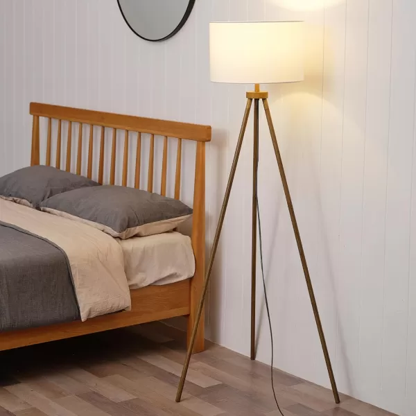 Globe Shelly 60quot Floor Lamp Faux Wood Faux Wood Tripod Base White Linen Shade OnOff Rotary Switch on SocketShelly