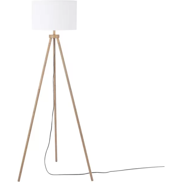 Globe Shelly 60quot Floor Lamp Faux Wood Faux Wood Tripod Base White Linen Shade OnOff Rotary Switch on SocketShelly