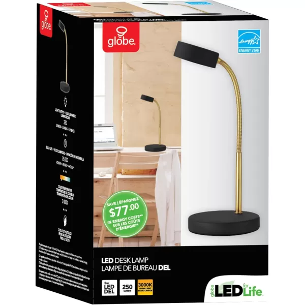 Globe Electric 30061 Desk Lamp Gold Gooseneck Matte Black Finish 5W Energy Star Integrated LED 250 Lumens 30061 1545quot Black ampamp GoldMatte Black  Gooseneck