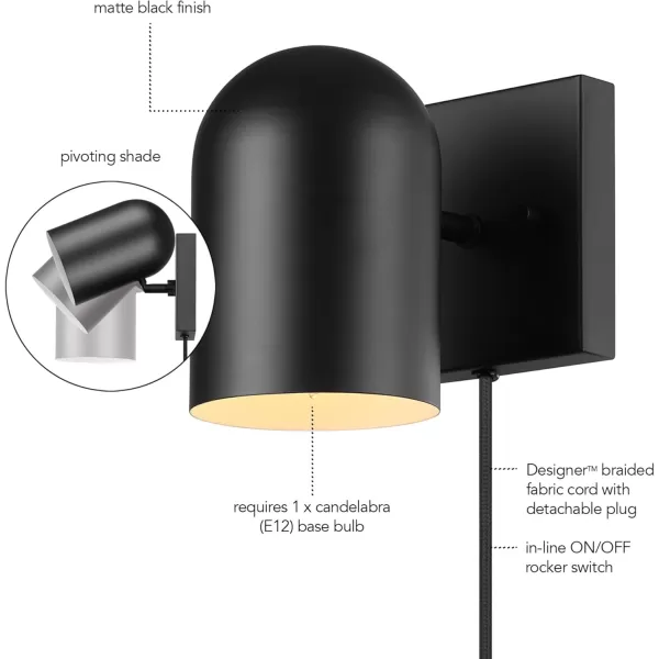 Globe Electric 51725 1Light Dimmable Plugin or Hardwire Wall Sconce Matte Black Faux Walnut Accent Stepless Dimming Rotary Switch on Canopy Black Fabric Cord Bulb Not IncludedMatte Black  Fabric Cord