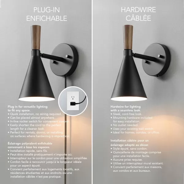 Globe Electric 51725 1Light Dimmable Plugin or Hardwire Wall Sconce Matte Black Faux Walnut Accent Stepless Dimming Rotary Switch on Canopy Black Fabric Cord Bulb Not IncludedMatte Black  Wood Toned