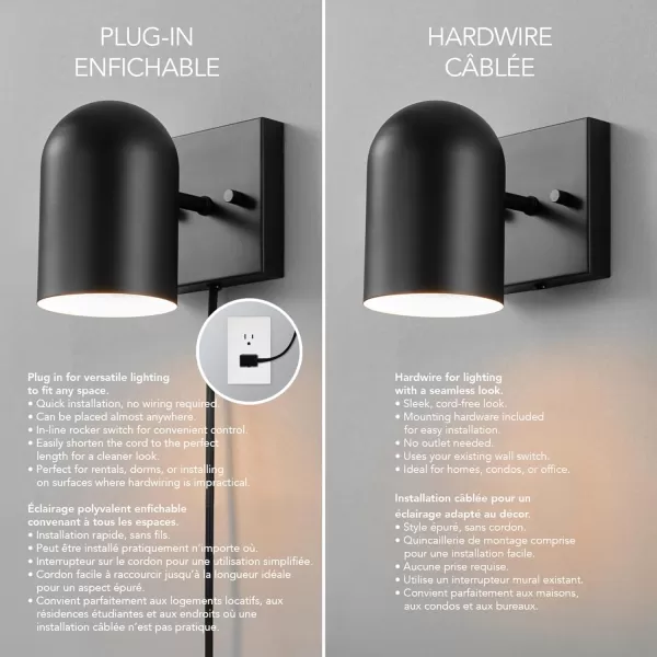 Globe Electric 51725 1Light Dimmable Plugin or Hardwire Wall Sconce Matte Black Faux Walnut Accent Stepless Dimming Rotary Switch on Canopy Black Fabric Cord Bulb Not IncludedMatte Black  Fabric Cord