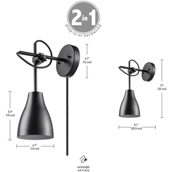 Globe Electric 51725 1Light Dimmable Plugin or Hardwire Wall Sconce Matte Black Faux Walnut Accent Stepless Dimming Rotary Switch on Canopy Black Fabric Cord Bulb Not IncludedDark Bronze