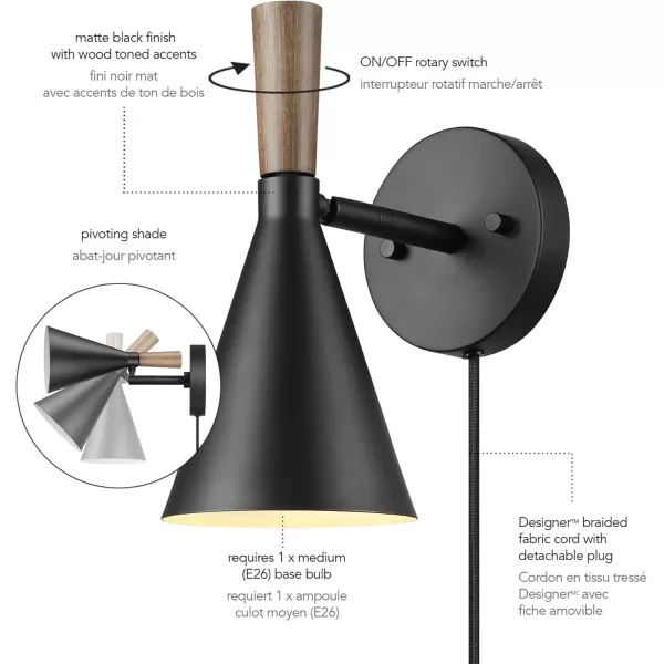 Globe Electric 51725 1Light Dimmable Plugin or Hardwire Wall Sconce Matte Black Faux Walnut Accent Stepless Dimming Rotary Switch on Canopy Black Fabric Cord Bulb Not IncludedMatte Black  Wood Toned