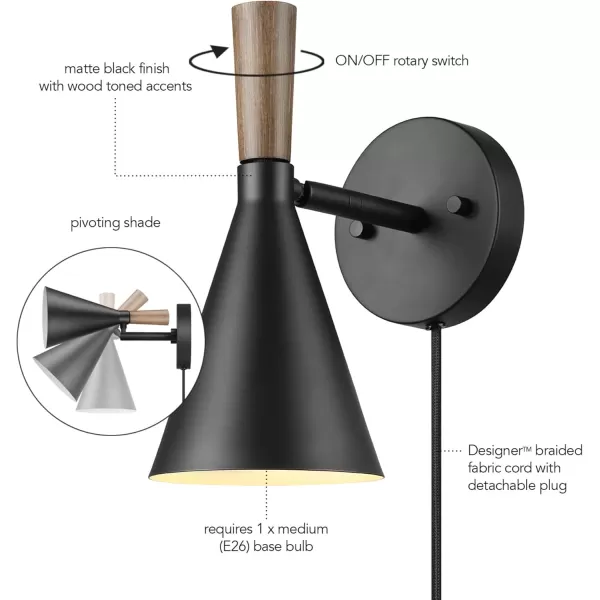 Globe Electric 51725 1Light Dimmable Plugin or Hardwire Wall Sconce Matte Black Faux Walnut Accent Stepless Dimming Rotary Switch on Canopy Black Fabric Cord Bulb Not IncludedMatte Black  Wood Toned