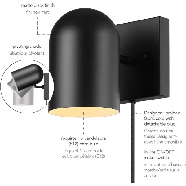 Globe Electric 51725 1Light Dimmable Plugin or Hardwire Wall Sconce Matte Black Faux Walnut Accent Stepless Dimming Rotary Switch on Canopy Black Fabric Cord Bulb Not IncludedMatte Black  Fabric Cord