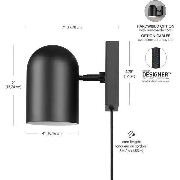 Globe Electric 51725 1Light Dimmable Plugin or Hardwire Wall Sconce Matte Black Faux Walnut Accent Stepless Dimming Rotary Switch on Canopy Black Fabric Cord Bulb Not IncludedMatte Black  Fabric Cord