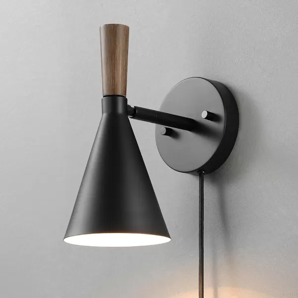 Globe Electric 51725 1Light Dimmable Plugin or Hardwire Wall Sconce Matte Black Faux Walnut Accent Stepless Dimming Rotary Switch on Canopy Black Fabric Cord Bulb Not IncludedMatte Black  Wood Toned