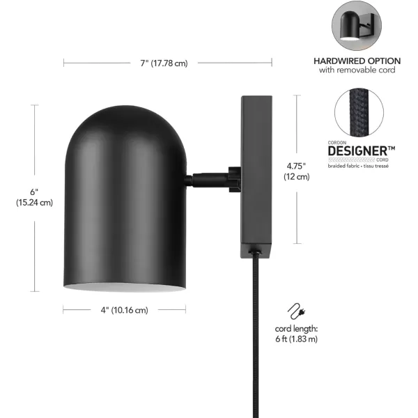 Globe Electric 51725 1Light Dimmable Plugin or Hardwire Wall Sconce Matte Black Faux Walnut Accent Stepless Dimming Rotary Switch on Canopy Black Fabric Cord Bulb Not IncludedMatte Black  Fabric Cord