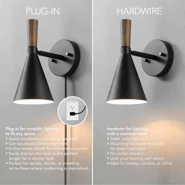 Globe Electric 51725 1Light Dimmable Plugin or Hardwire Wall Sconce Matte Black Faux Walnut Accent Stepless Dimming Rotary Switch on Canopy Black Fabric Cord Bulb Not IncludedMatte Black  Wood Toned