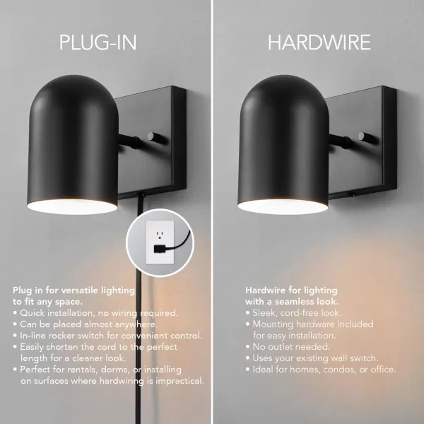 Globe Electric 51725 1Light Dimmable Plugin or Hardwire Wall Sconce Matte Black Faux Walnut Accent Stepless Dimming Rotary Switch on Canopy Black Fabric Cord Bulb Not IncludedMatte Black  Fabric Cord