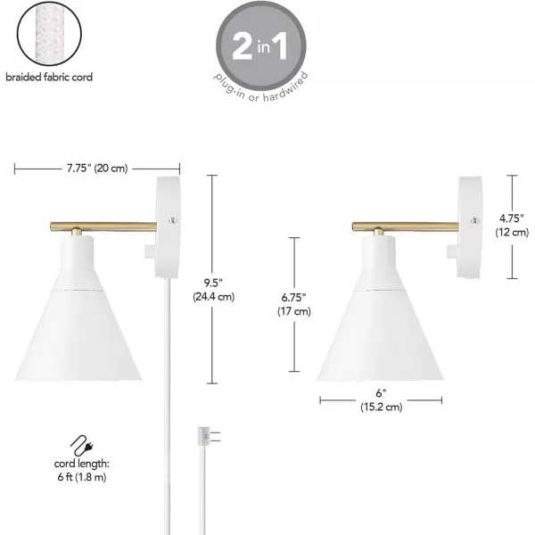 Globe Electric 51725 1Light Dimmable Plugin or Hardwire Wall Sconce Matte Black Faux Walnut Accent Stepless Dimming Rotary Switch on Canopy Black Fabric Cord Bulb Not IncludedMatte White