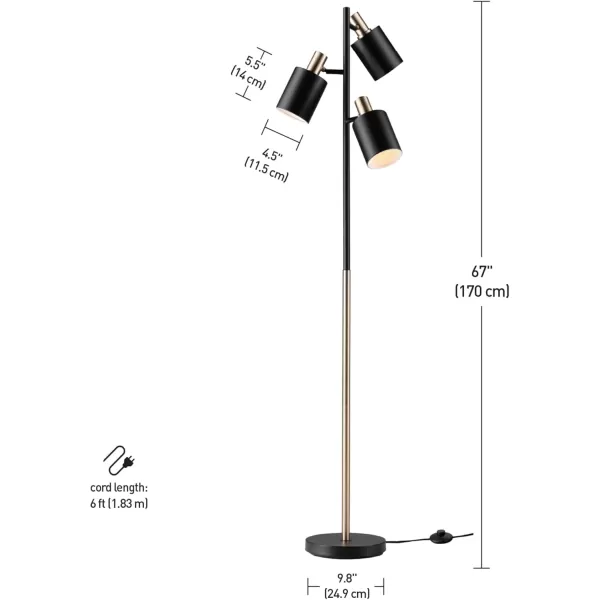 Globe Electric 67354 67quot 3Light Track Tree Lamp Matte Black Matte Brass Accents Floor Lamp for Living Room Adjustable Lamp Home Office Accessories Home Improvement Reading LampMatte Black  Brass