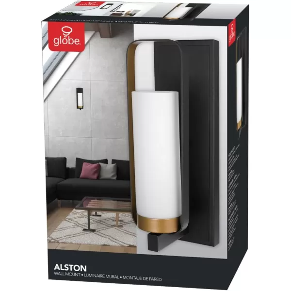 Globe Electric Alston 1Light Wall Sconce Dark Bronze Color Brushed Finish Gold Interior White Glass Shade 65839