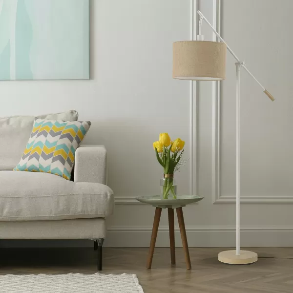 Globe Electric Serena 66quot Floor Lamp Matte White Faux Wood Accents Jute Shade Dimmable Rotary Switch on Socket