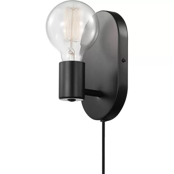 Globe Electric 51725 1Light Dimmable Plugin or Hardwire Wall Sconce Matte Black Faux Walnut Accent Stepless Dimming Rotary Switch on Canopy Black Fabric Cord Bulb Not IncludedMatte Black