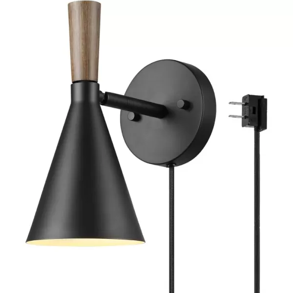 Globe Electric 51725 1Light Dimmable Plugin or Hardwire Wall Sconce Matte Black Faux Walnut Accent Stepless Dimming Rotary Switch on Canopy Black Fabric Cord Bulb Not IncludedMatte Black  Wood Toned