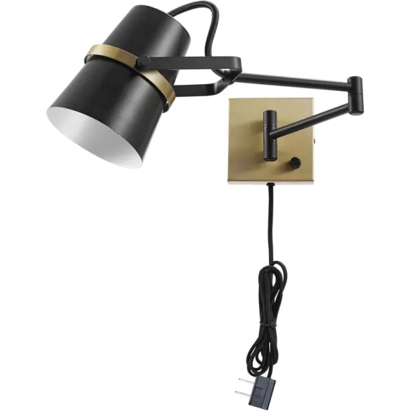 Globe Electric 51725 1Light Dimmable Plugin or Hardwire Wall Sconce Matte Black Faux Walnut Accent Stepless Dimming Rotary Switch on Canopy Black Fabric Cord Bulb Not IncludedMatte Black  Brass