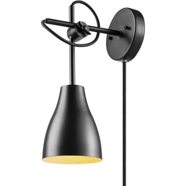 Globe Electric 51725 1Light Dimmable Plugin or Hardwire Wall Sconce Matte Black Faux Walnut Accent Stepless Dimming Rotary Switch on Canopy Black Fabric Cord Bulb Not IncludedDark Bronze