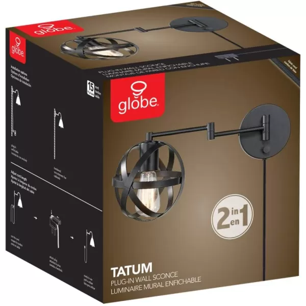 Globe Electric 51373 1Light Plugin Wall Sconce Matte Black Antique Brass Backplate Black Cloth Cord Wall Lighting Wall Lights for Bedroom Kitchen Sconces Wall Lighting Bulb Not IncludedDark Bronze  Tatum