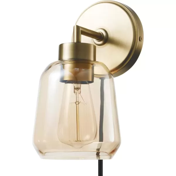 imageGlobe Electric 51715 Salma 1Light Plugin or Hardwire Wall Sconce Matte Brass Smoked Amber Glass Shade Black Fabric Cord inLine OnOff Switch