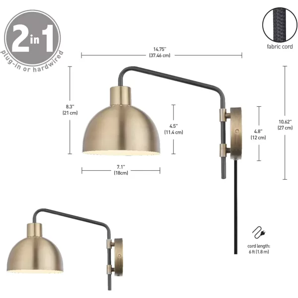 imageGlobe Electric 51719 Dimitri 1Light Plugin or Hardwire Wall Sconce Antique Brass Matte Accent Black Fabric Cord inLine OnOff Switch