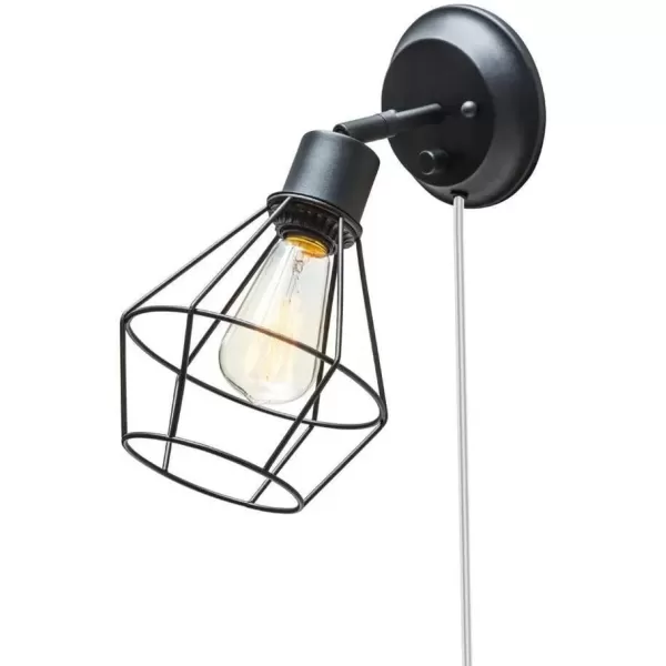 imageGlobe Electric 65291 1Light Plugin or Hardwire Industrial Cage Wall Sconce Matte Black Finish OnOff Rotary Switch 6ft Clear Cord Wall Lights for Bedroom Bulb Not Included