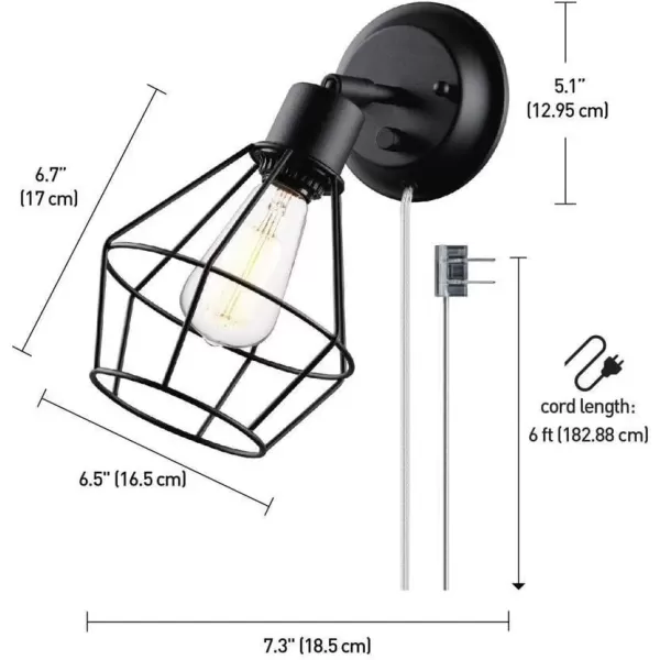 imageGlobe Electric 65291 1Light Plugin or Hardwire Industrial Cage Wall Sconce Matte Black Finish OnOff Rotary Switch 6ft Clear Cord Wall Lights for Bedroom Bulb Not Included