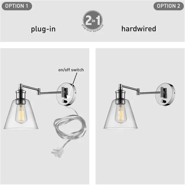 imageGlobe Electric 65311 1Light Plugin or Hardwire Industrial Wall Sconce Dark Bronze Finish OnOff Rotary Switch 6ft Clear Cord Clear Glass Shade Wall Lights for Bedroom Plug in Kitchen SconcesChrome