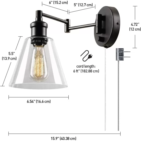 imageGlobe Electric 65311 1Light Plugin or Hardwire Industrial Wall Sconce Dark Bronze Finish OnOff Rotary Switch 6ft Clear Cord Clear Glass Shade Wall Lights for Bedroom Plug in Kitchen SconcesDark Bronze