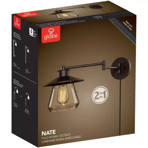 imageGlobe Electric 65311 1Light Plugin or Hardwire Industrial Wall Sconce Dark Bronze Finish OnOff Rotary Switch 6ft Clear Cord Clear Glass Shade Wall Lights for Bedroom Plug in Kitchen SconcesOilRubbed Bronze