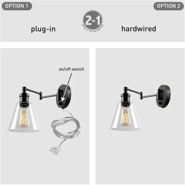 imageGlobe Electric 65311 1Light Plugin or Hardwire Industrial Wall Sconce Dark Bronze Finish OnOff Rotary Switch 6ft Clear Cord Clear Glass Shade Wall Lights for Bedroom Plug in Kitchen SconcesDark Bronze