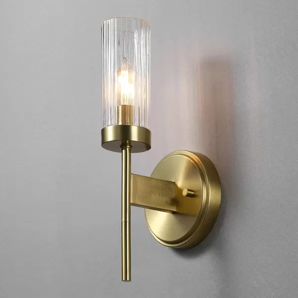 imageGlobe Electric 65311 1Light Plugin or Hardwire Industrial Wall Sconce Dark Bronze Finish OnOff Rotary Switch 6ft Clear Cord Clear Glass Shade Wall Lights for Bedroom Plug in Kitchen SconcesMatte Brass  Ribbed Glass