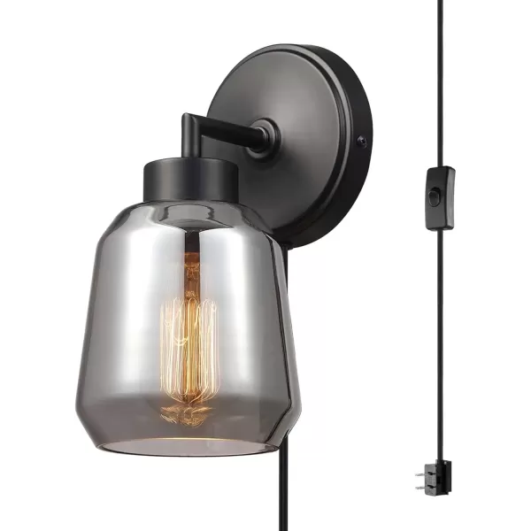 imageGlobe Electric 65549 Salma 1Light Plugin or Hardwire Wall Sconce Matte Black Plated Smoked Mirror Glass Shade Black Fabric Cord inLine OnOff Switch