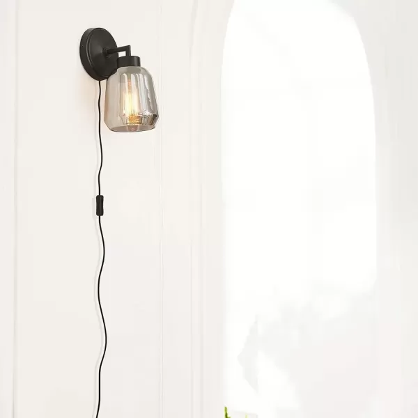 imageGlobe Electric 65549 Salma 1Light Plugin or Hardwire Wall Sconce Matte Black Plated Smoked Mirror Glass Shade Black Fabric Cord inLine OnOff Switch