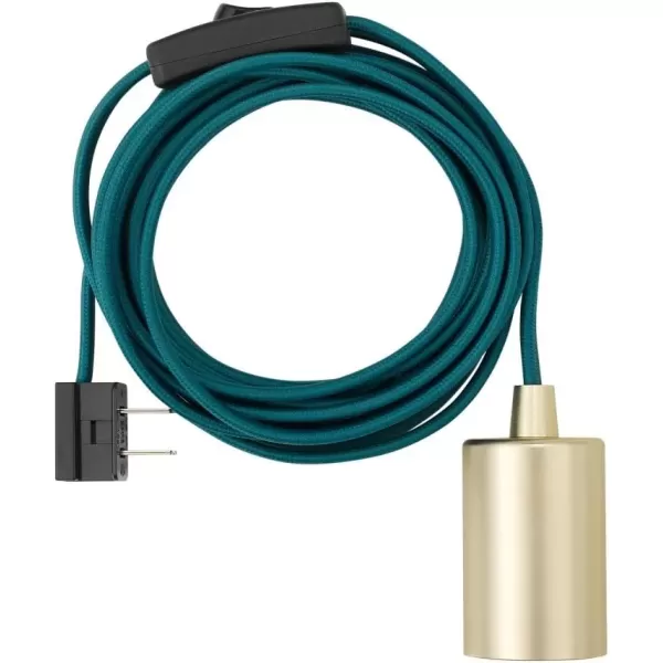 imageGlobe Electric 69997 Emile 1Light Plugin Exposed Pendant 15ft Teal Cloth Cord inLine OnOff Rocker Switch Brass Socket 180 Bulb Not IncludedTeal