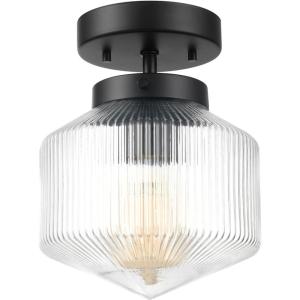 imageGlobe Electric 66000078 1Light Flush Mount Ceiling Light Matte Black Ribbed Glass Shade Ceiling Light Fixture Home Improvement E26 Base Bedroom Lights for Ceiling Dining Light Fixture