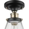 imageGlobe Electric 65380 1Light Flush Mount Ceiling Light Dark Bronze Satin Finish Antique Brass Accents Clear Glass Shade Ceiling Light Fixture E26 Bulb Bulb Not IncludedDark Bronze with Clear Glass