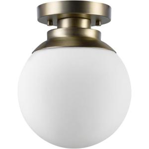 imageGlobe Electric 65792 Portland 1Light SemiFlush Mount Ceiling Light Brass Satin Finish Matte Opal White Glass ShadeBrass  Opal