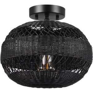 imageGlobe Electric 66000071 1Light SemiFlush Mount Ceiling Light Matte Black Black Rattan Shade Ceiling Light Fixture Home Improvement Bedroom Lights for Ceiling Dining Light Fixture E26 Bulb